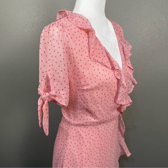 Lulu’s Pink Polka dot Flirty Ruffle Wrap Dress Retro 40s 50s style zipper small - Picture 4 of 12